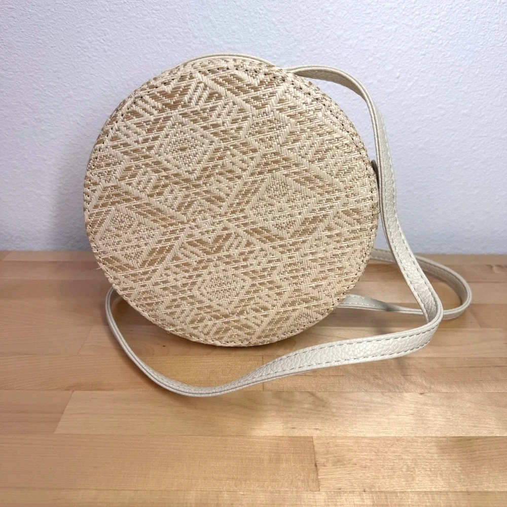 Lionel Handbags Round Woven Straw Crossbody Bag‎ Beige Geometric Canteen Purse